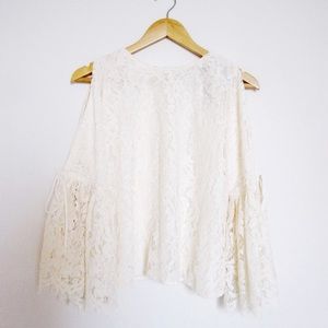 Do + Be ivory lace bell sleeve tie cuff top